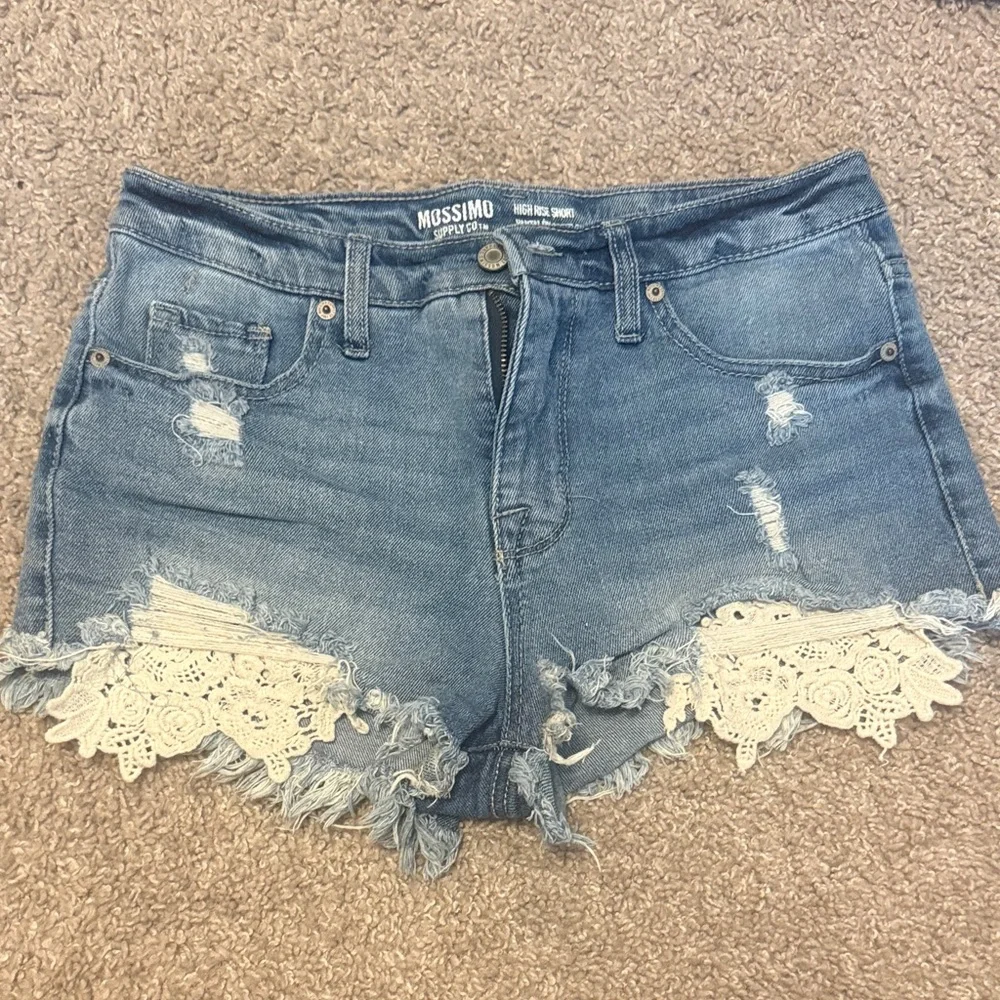 Mossimo Supply Co. Distressed Blue Jean Shorts with Cream Lace. High rise - Picture 1 of 4